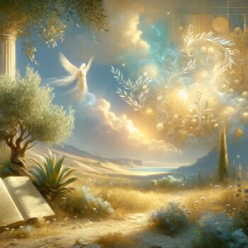 Fantasy landscape with olive trees, ancient columns, open book, ethereal glowing patterns, and winged figure near water body.