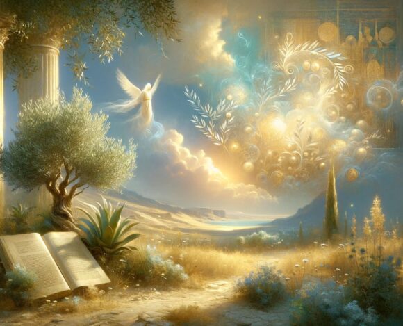 Fantasy landscape with olive trees, ancient columns, open book, ethereal glowing patterns, and winged figure near water body.