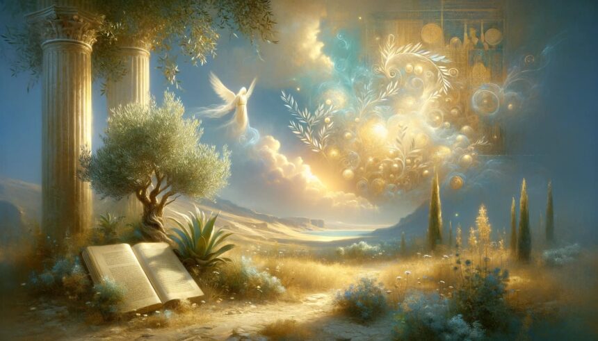 Fantasy landscape with olive trees, ancient columns, open book, ethereal glowing patterns, and winged figure near water body.