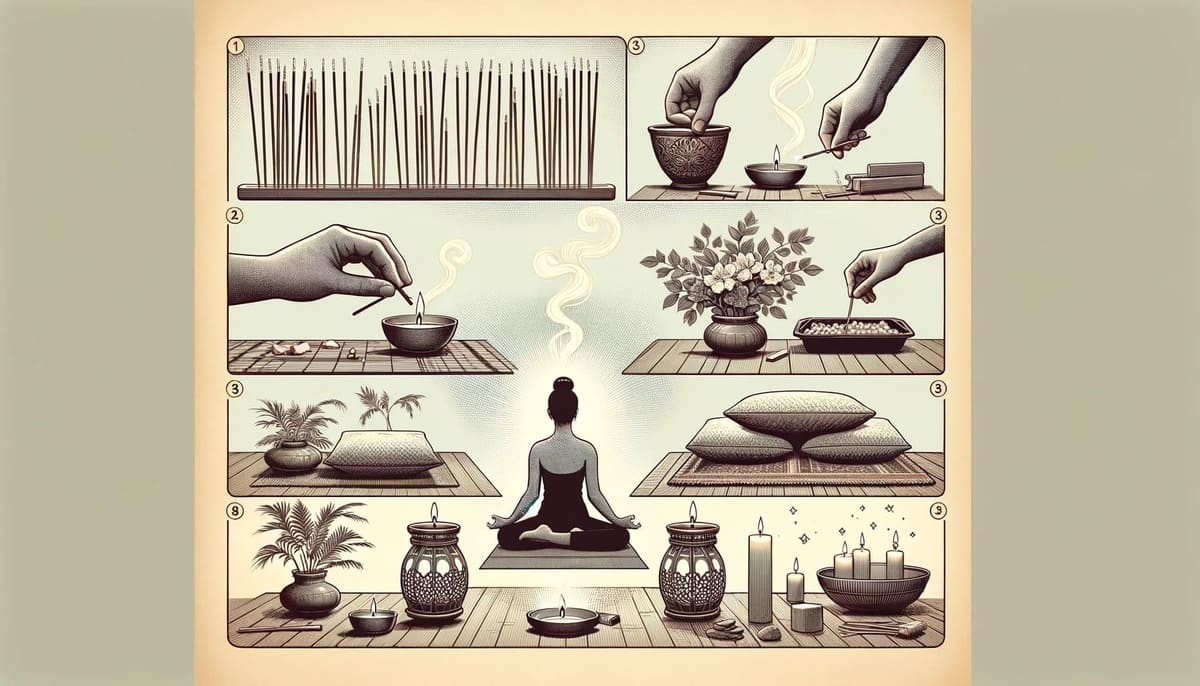 A horizontal wide step by step diagram showing the process of using incense in manifestation practices fully filling the image space Discover the Best Incense for Manifestation