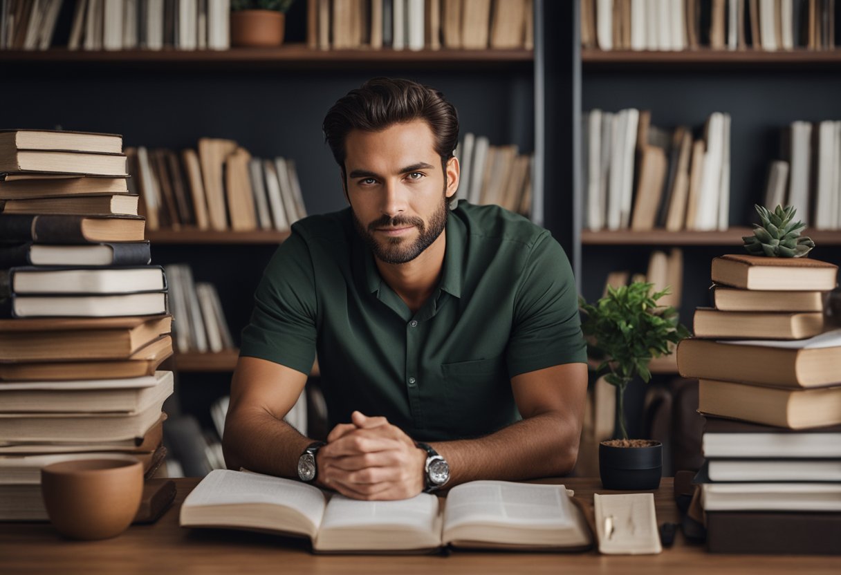 A Virgo man surrounded by organized, earthy elements like books, plants, and a clean workspace, with a sense of practicality and attention to detail