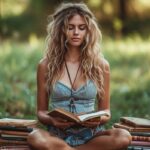 Blonde woman meditating while reading book outdoor surrounded by nature and piles of books.