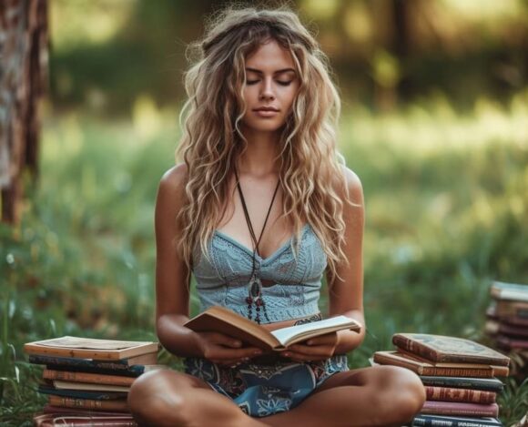 Blonde woman meditating while reading book outdoor surrounded by nature and piles of books.