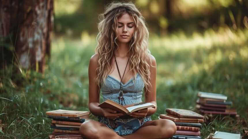 Blonde woman meditating while reading book outdoor surrounded by nature and piles of books.