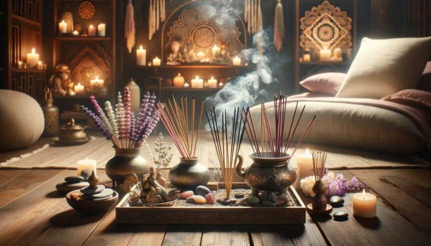 Zen meditation room with incense sticks, aromatic oils, candles, stones, and lavender flowers for relaxation and wellness atmosphere.