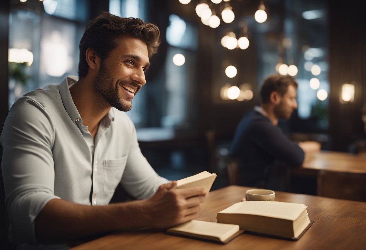 A Virgo man sitting at a table, engaged in deep conversation, making eye contact and nodding in agreement. A book on astrology is open in front of him, and he is gesturing with enthusiasm