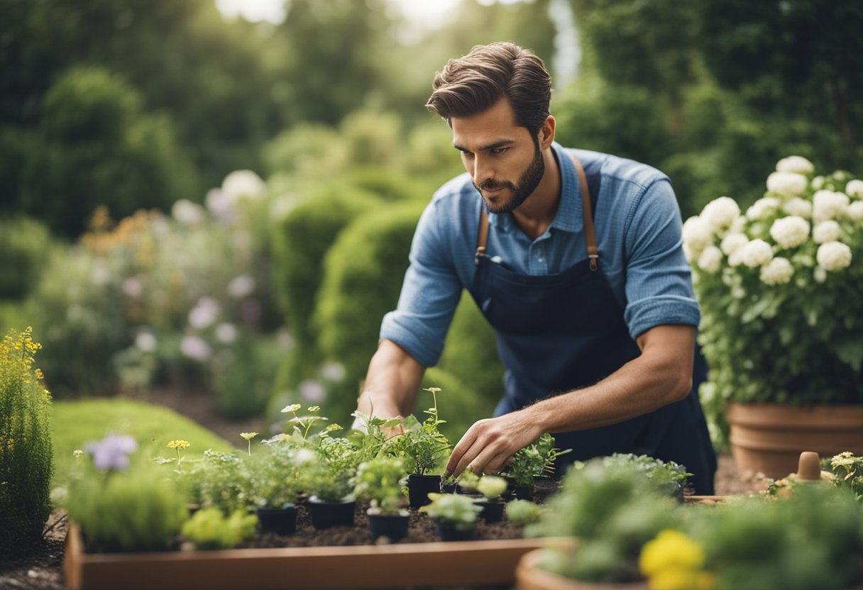 A Virgo man surrounded by nature, tending to a garden or carefully arranging objects with precision and attention to detail