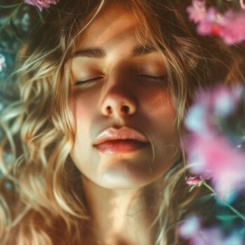 Close-up of a peaceful woman with closed eyes surrounded by soft-focus flowers