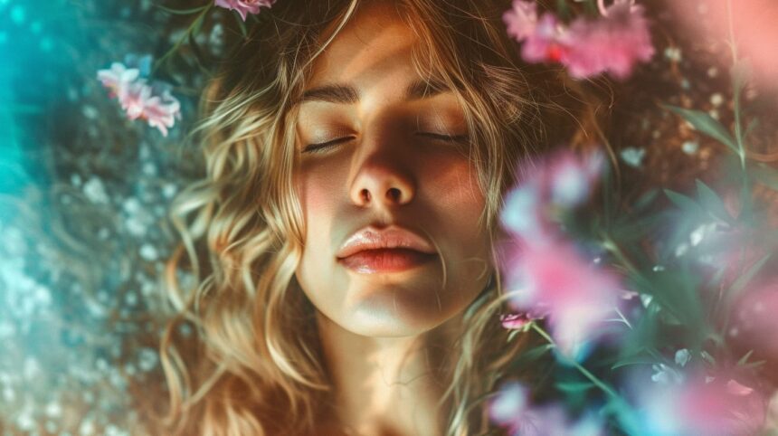 Close-up of a peaceful woman with closed eyes surrounded by soft-focus flowers