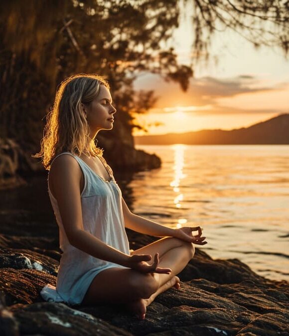 Woman meditating by the lake at sunset.