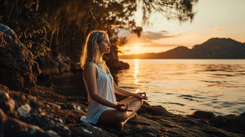 Woman meditating by the lake at sunset.