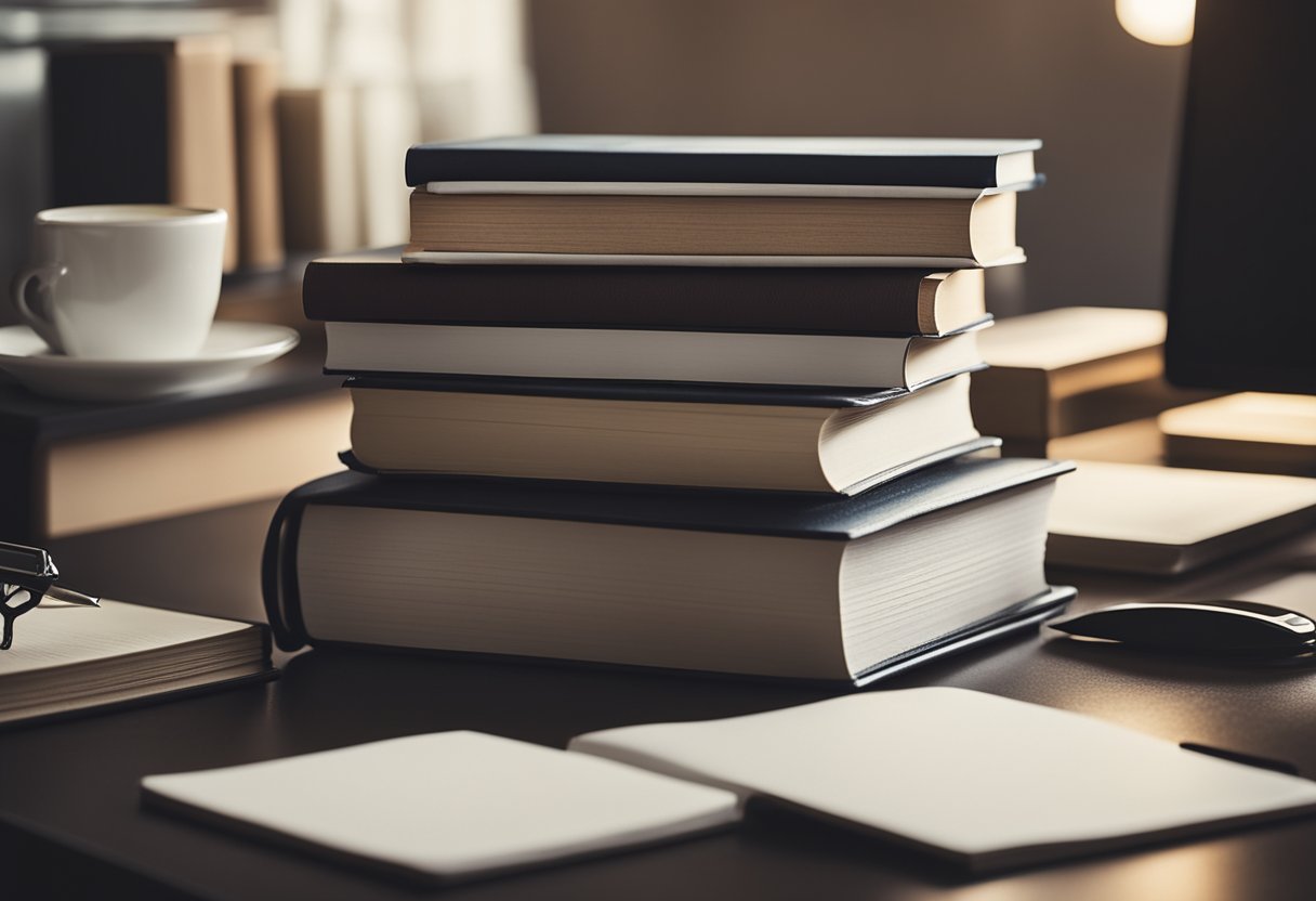 A neatly organized workspace with a stack of books, a to-do list, and a meticulously arranged desk with a focus on practicality and functionality