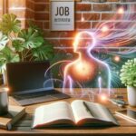 Modern home office setup with laptop, open book, coffee mug, smartphone, and houseplant next to a window with holographic human form representing concept of remote job interview preparation.