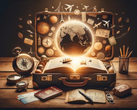 Fantasy travel concept with vintage suitcase open revealing a glowing book and world map, surrounded by travel icons, passport, boarding pass, compass, and airplane tickets on a wooden table.