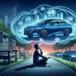 Futuristic smart city concept illustration with person using smartphone to connect with autonomous cars and urban technology at dusk.