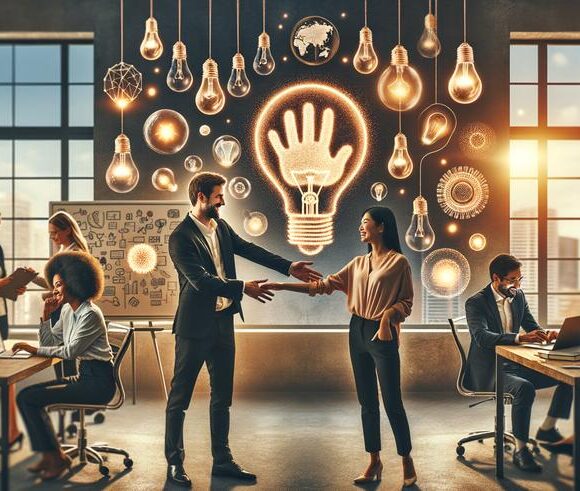 Business people shaking hands in a modern office with brainstorming graphics and light bulbs representing ideas.