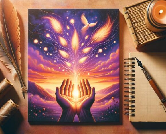 Fantasy artwork with hands releasing light and feathers, quill pens, parchment scrolls, lit candle, and notebook on wooden table.