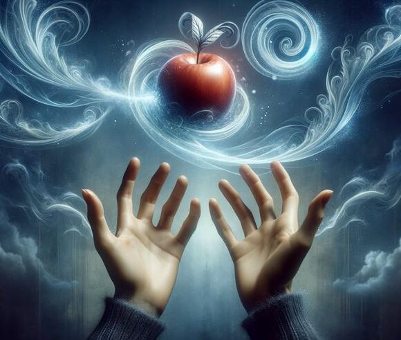 Surreal digital art of hands reaching for a levitating apple surrounded by mystical swirls and smoky blue background.