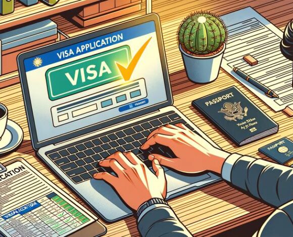 Man applying for visa online on laptop with passport and application form on desk