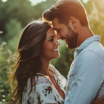 Happy couple embracing in sunset light surrounded by nature