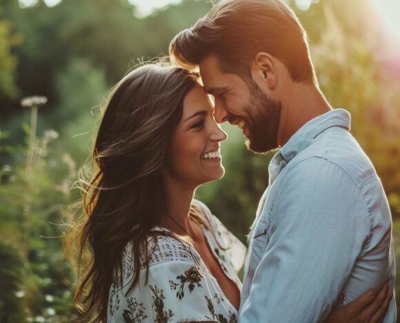 Happy couple embracing in sunset light surrounded by nature