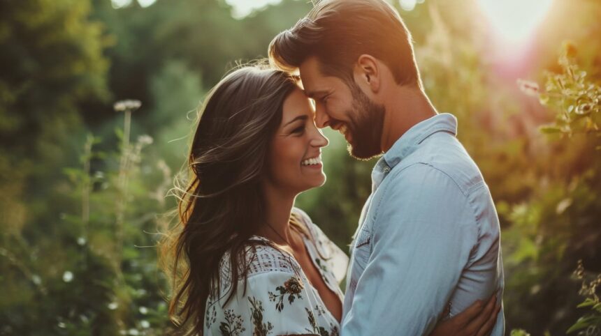 Happy couple embracing in sunset light surrounded by nature