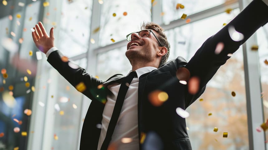 Happy businessman celebrating success with arms raised and confetti falling in modern office setting