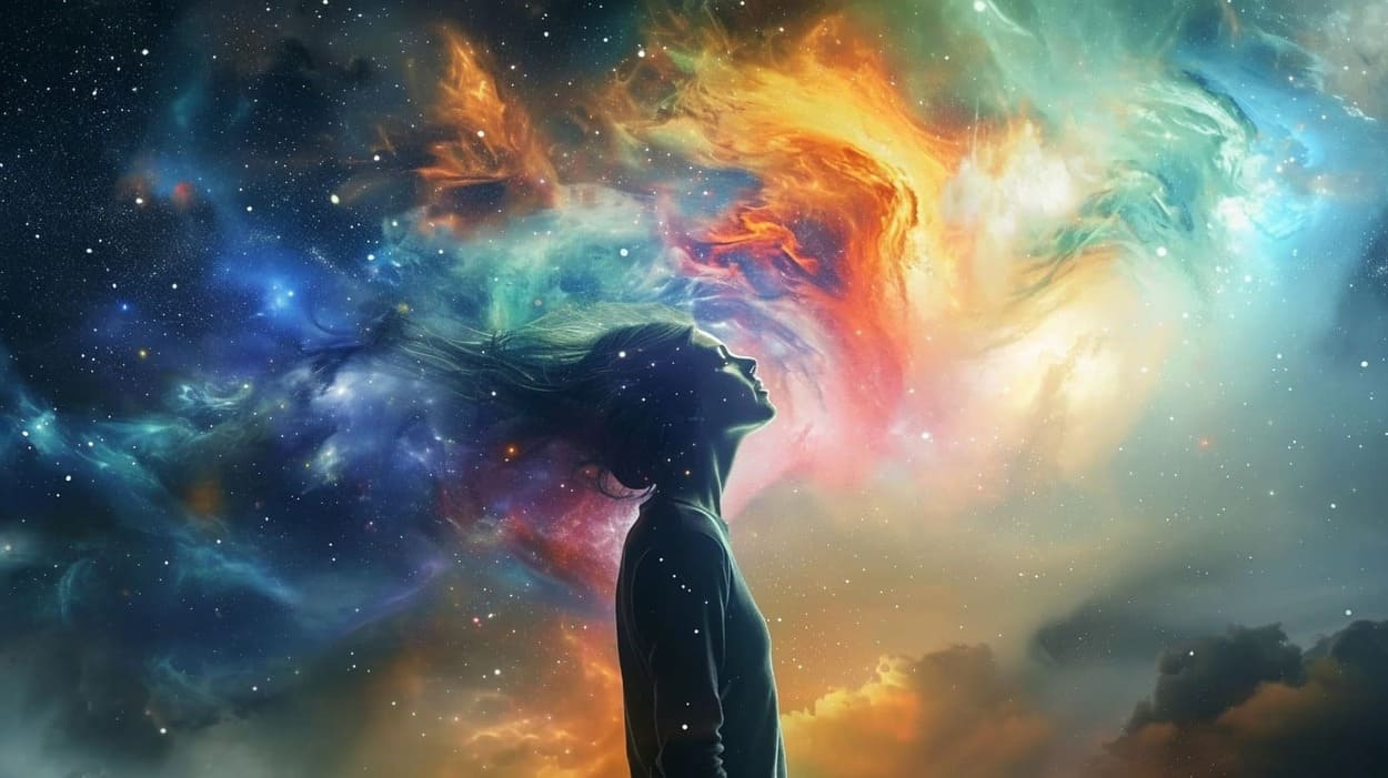 Woman silhouette against cosmic nebula, colorful space and stars, concept art imagination_growth_personal_enlightenment