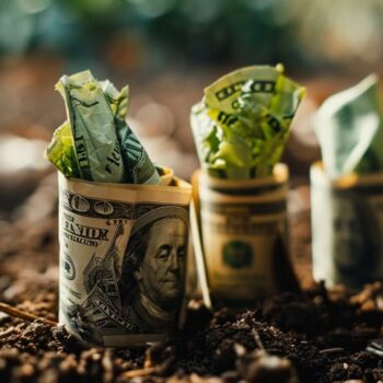 Money plants concept with US dollar bills growing in soil.