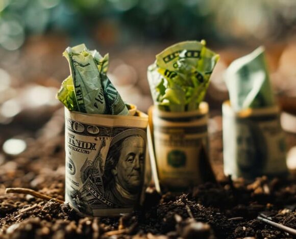 Money plants concept with US dollar bills growing in soil.