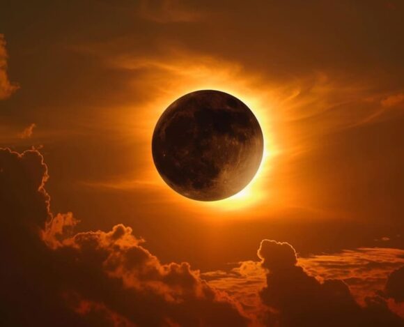 Beautiful eclipse with silhouette of the moon covering the sun over dramatic cloudscape.