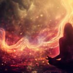 Woman meditating with vibrant cosmic energy and colorful nebula background