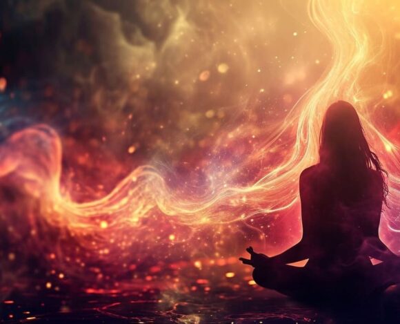 Woman meditating with vibrant cosmic energy and colorful nebula background