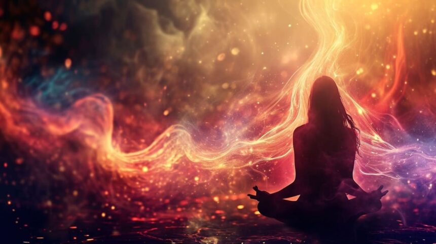 Woman meditating with vibrant cosmic energy and colorful nebula background
