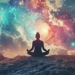 Person meditating on rock with cosmic galaxy background