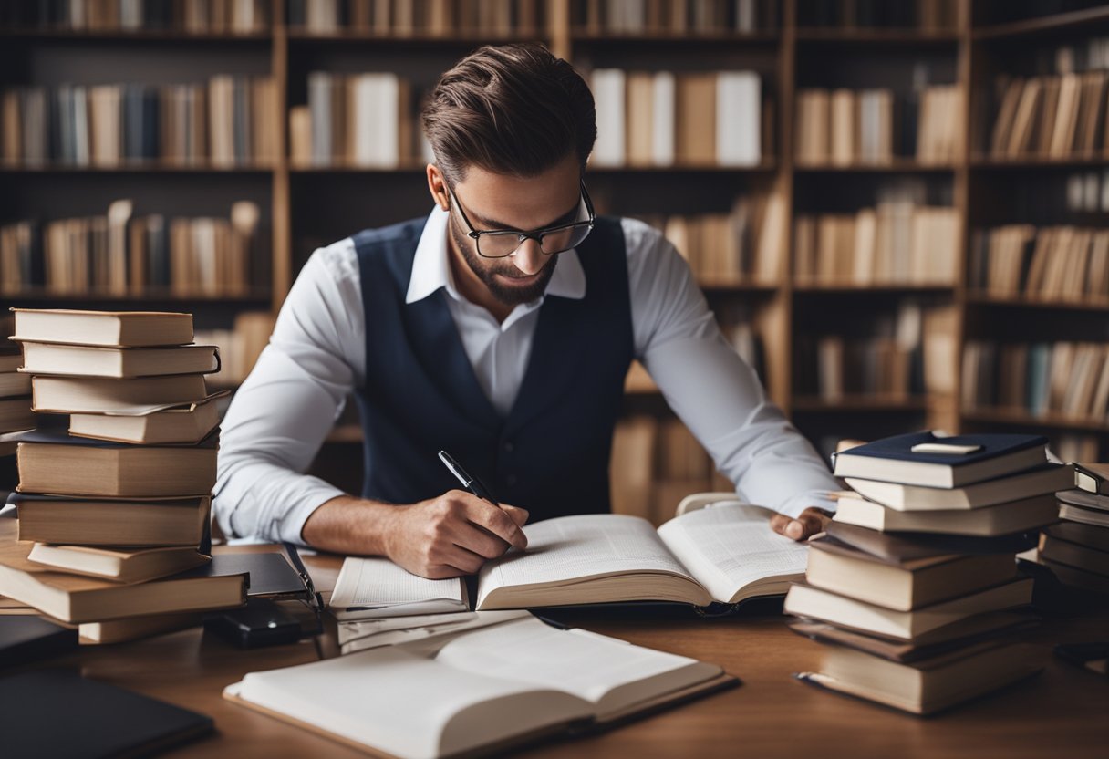 A Virgo man surrounded by books, a neatly organized desk, and a detailed to-do list, showing focus and intellectual stimulation