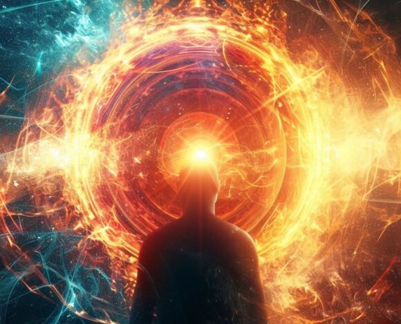 Silhouette of person with cosmic energy and light explosion in space background