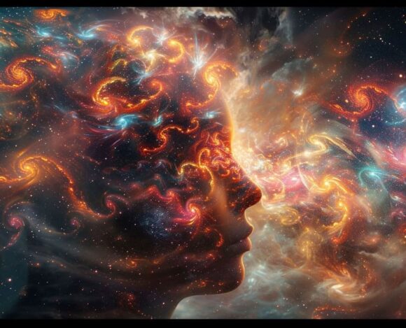 Surreal cosmic art of two faces blending into a vibrant galaxy with swirling stars and nebulae.