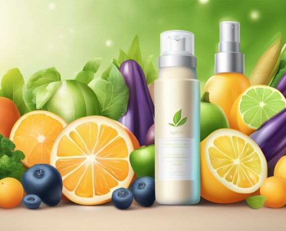 Natural skincare products with fresh fruits and vegetables background