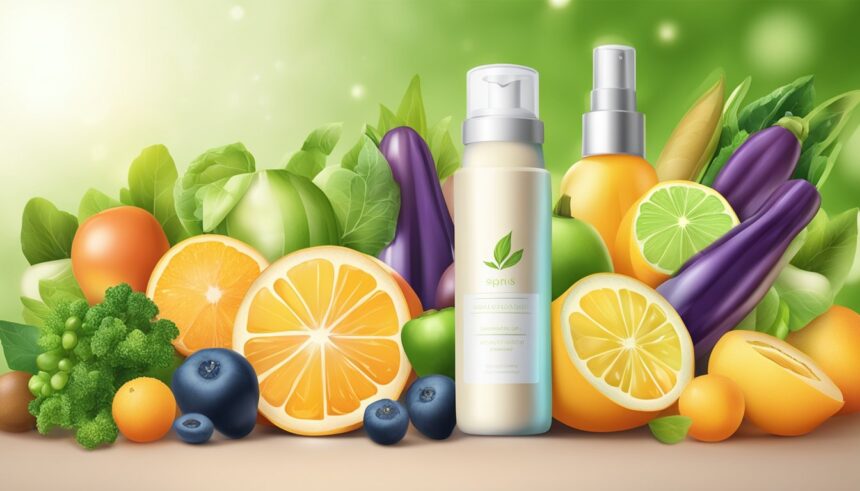 Natural skincare products with fresh fruits and vegetables background