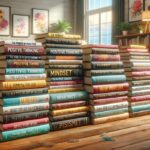 Stacks of books about positive thinking and mindset on a wooden floor with cozy living room background