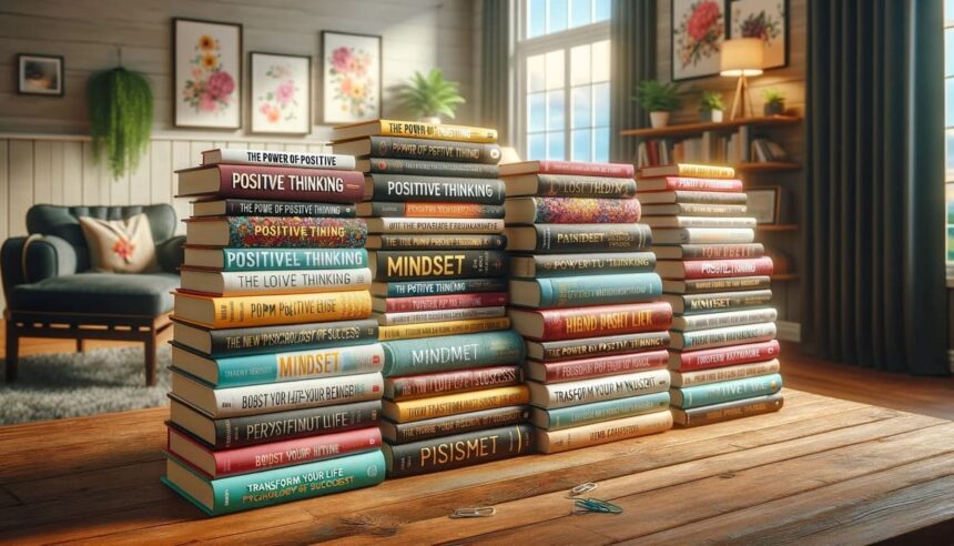 Stacks of books about positive thinking and mindset on a wooden floor with cozy living room background