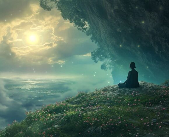 Person meditating on a cliff edge with a tranquil sunset, serene landscape, and glowing lights in a mystical cave.