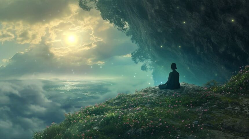 Person meditating on a cliff edge with a tranquil sunset, serene landscape, and glowing lights in a mystical cave.