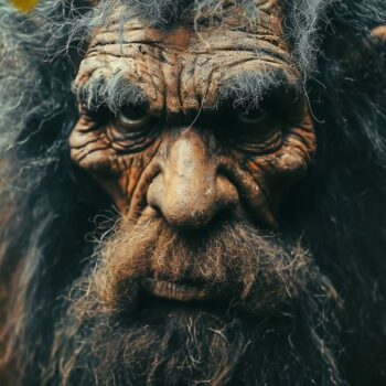 Detailed face of a fantasy creature resembling an aged ape with expressive eyes and grey hair