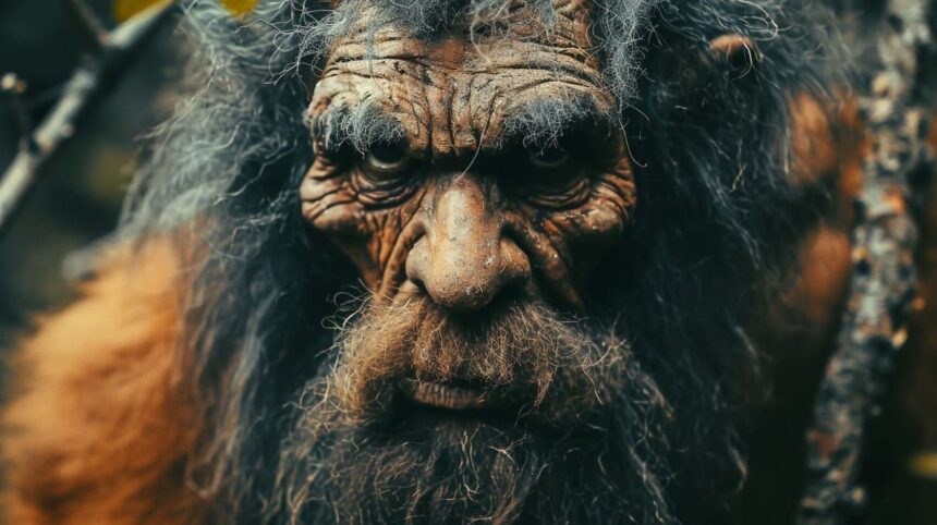 Detailed face of a fantasy creature resembling an aged ape with expressive eyes and grey hair