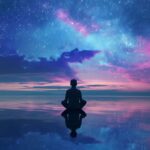 Person meditating under starry sky near calm water with galaxy and nebula reflections.
