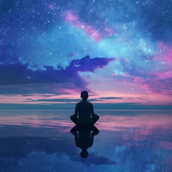 Person meditating under starry sky near calm water with galaxy and nebula reflections.