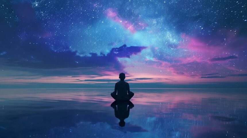 Person meditating under starry sky near calm water with galaxy and nebula reflections.