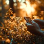 Person using smartphone in a field at sunset with warm golden light filtering through foliage.